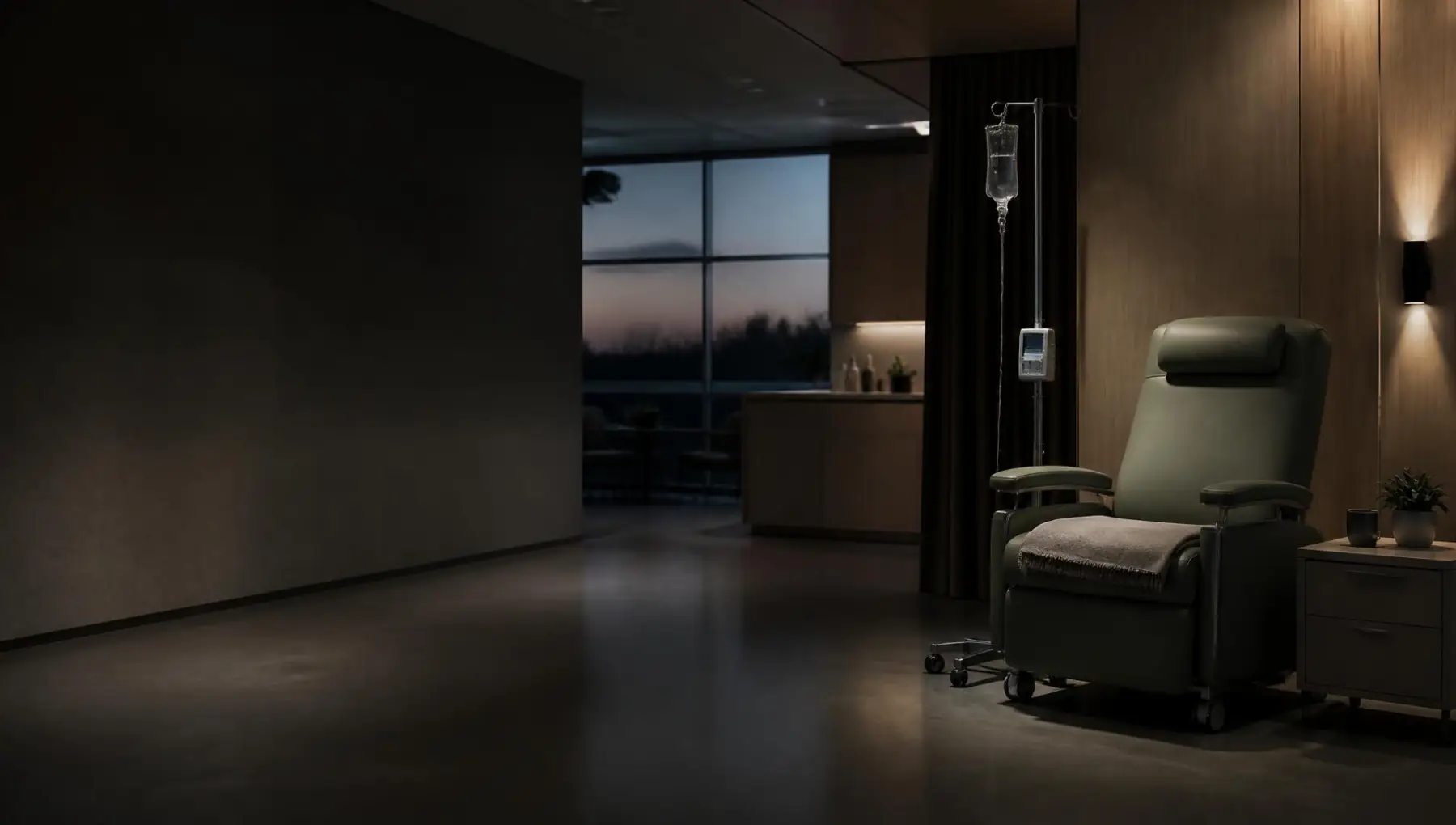 Quiet infusion suite at dusk with a treatment chair and IV pole