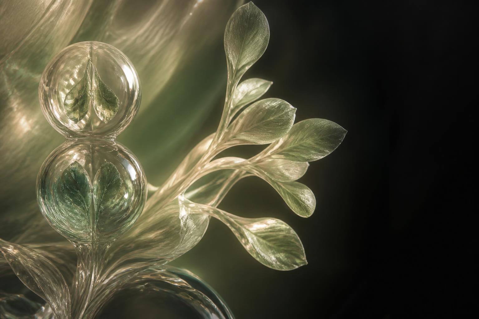 Editorial macro photograph of translucent glass forms — a mirrored sphere beside a branching botanical shape — evoking self-renewal and differentiation.