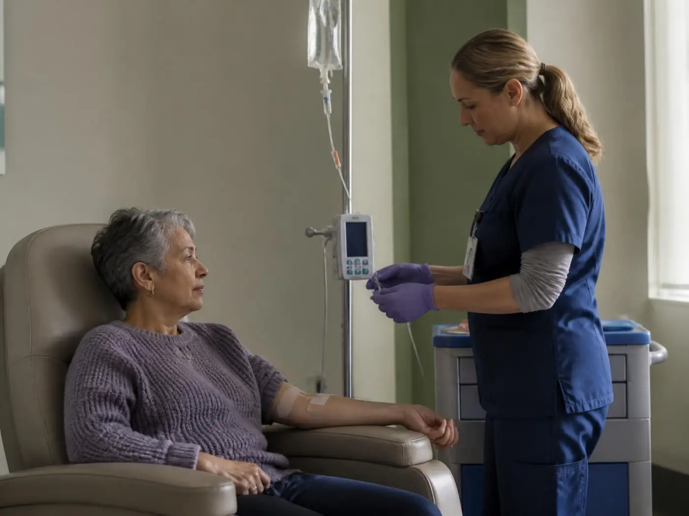 An older patient seated in a reclining infusion chair while a nurse checks the line