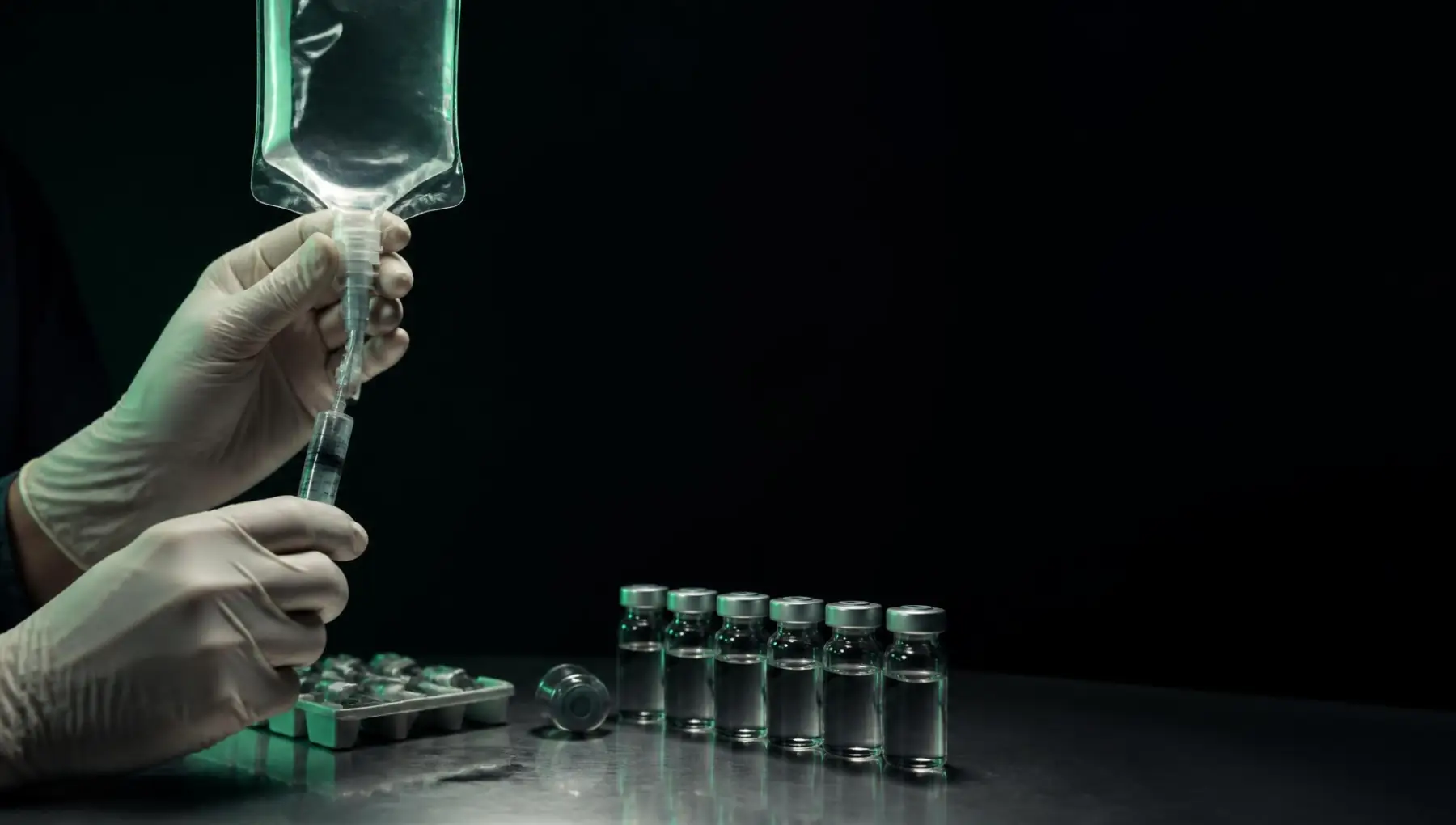 Gloved hands preparing an infusion bag beside sterile vials