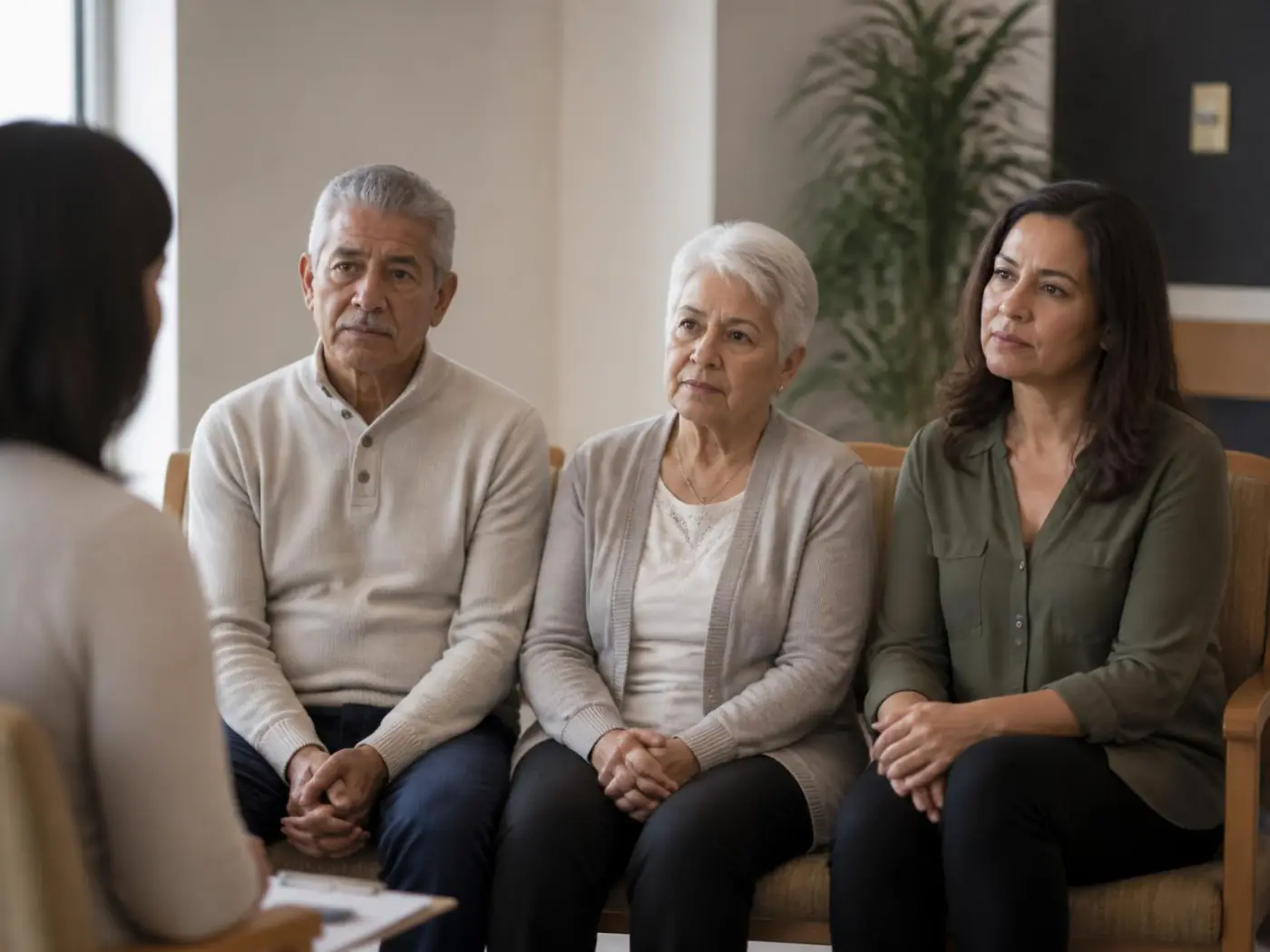 A couple in their sixties and their adult daughter listening during a consultation