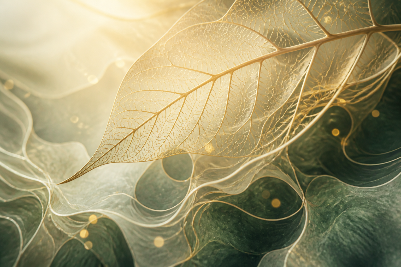 An abstract scientific visualization showing cellular structures moving through a network of biological pathways.