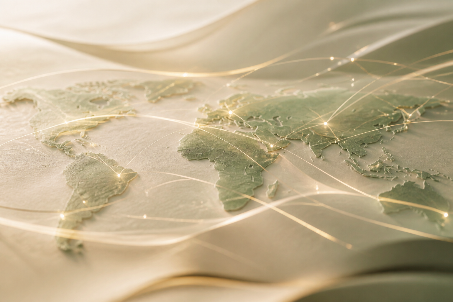 A digital representation of global data nodes connecting across a map, symbolizing secure information exchange.