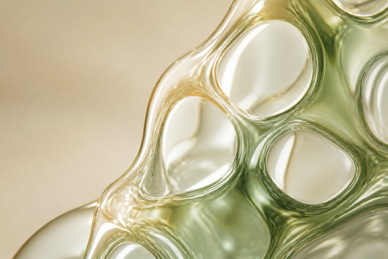 An abstract scientific visualization of cellular structures in a laboratory setting.
