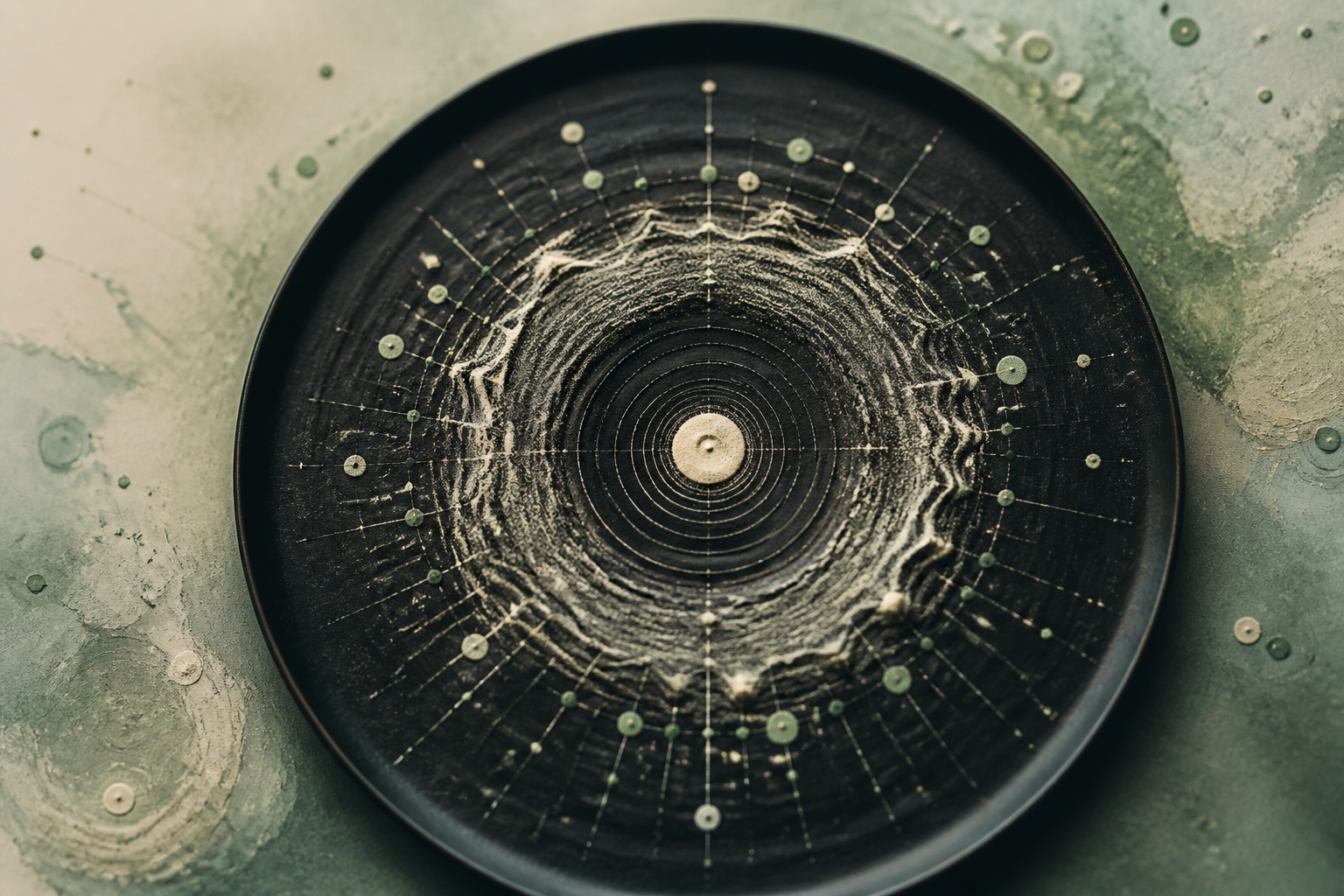 Abstract scientific visualization of cellular structures and data points representing clinical research information.