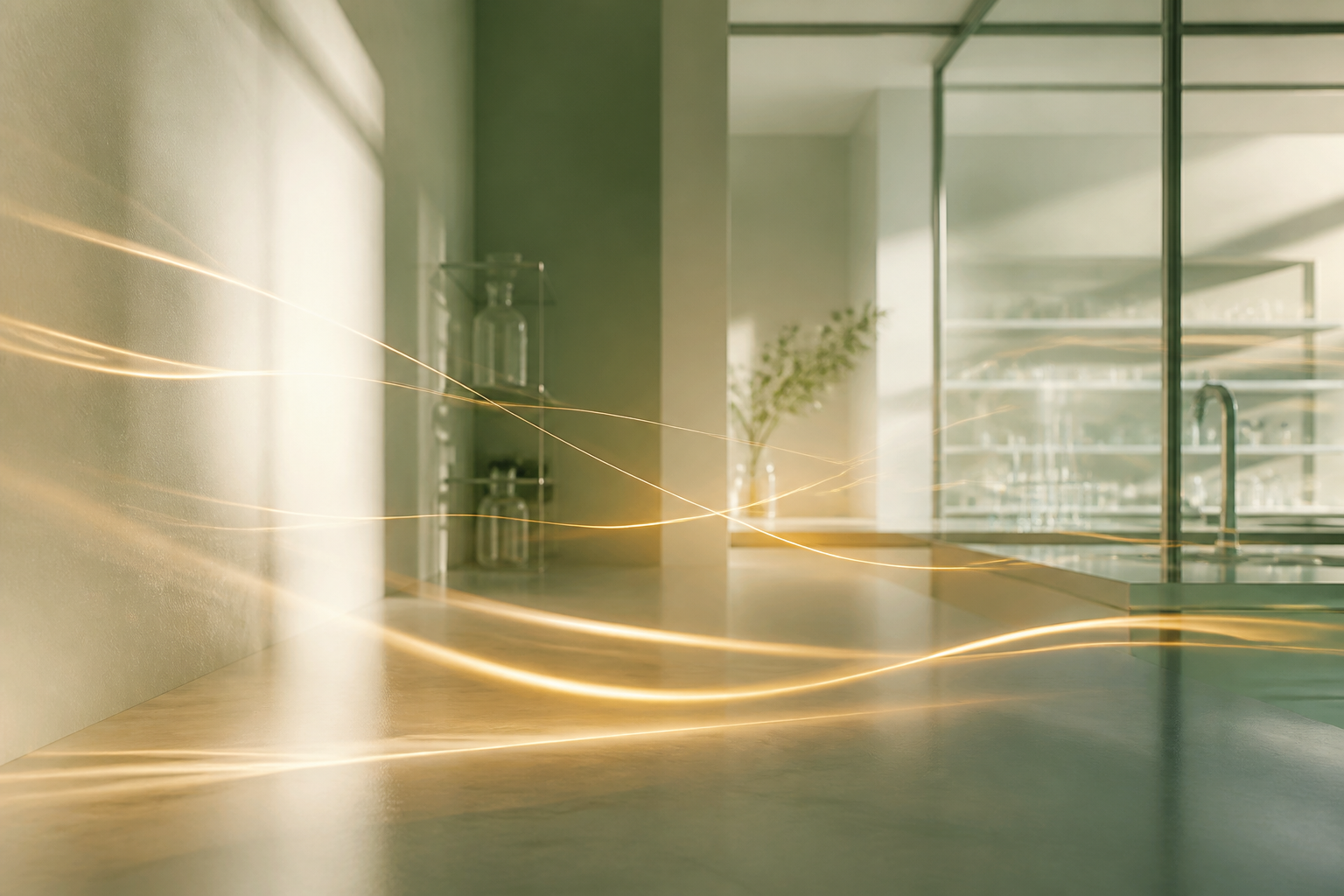 A clean, modern scientific laboratory environment with organized research equipment and glass partitions.