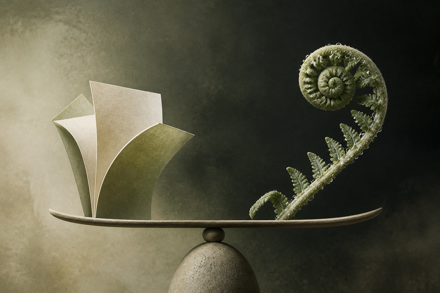 A minimalist abstract illustration representing a balanced scale between a document and a microscopic cell structure.