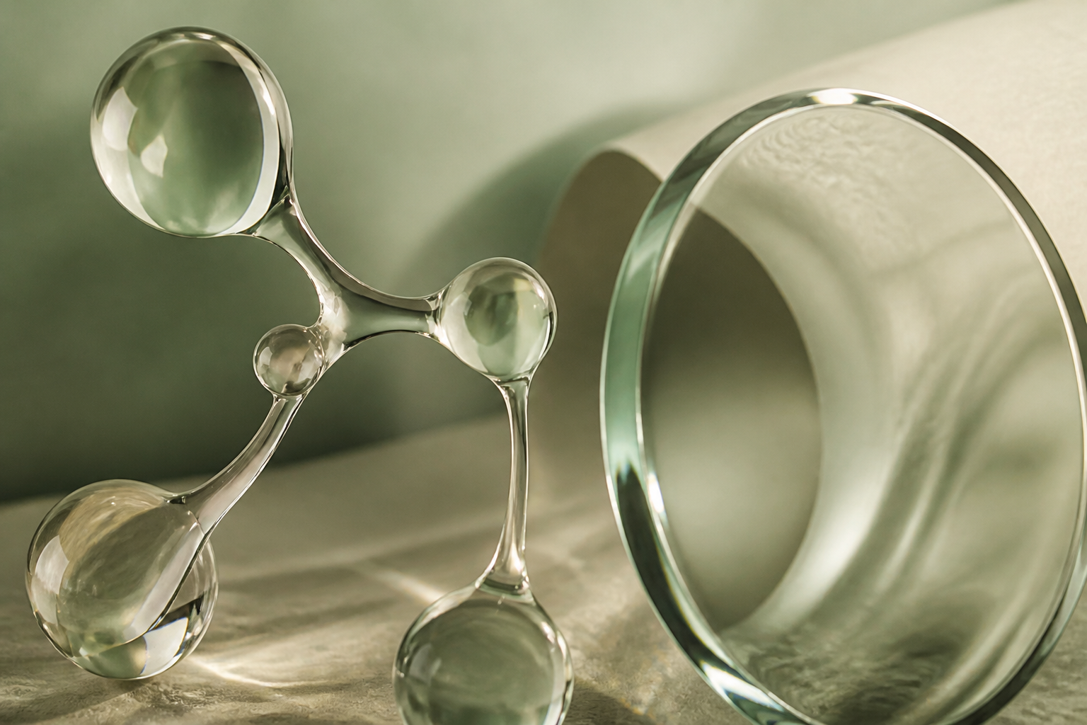 An abstract representation of a molecular structure and a magnifying glass over scientific documents.
