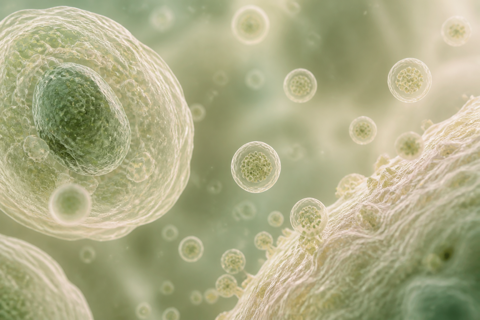 Microscopic view of cellular structures and small signaling vesicles in a scientific setting.