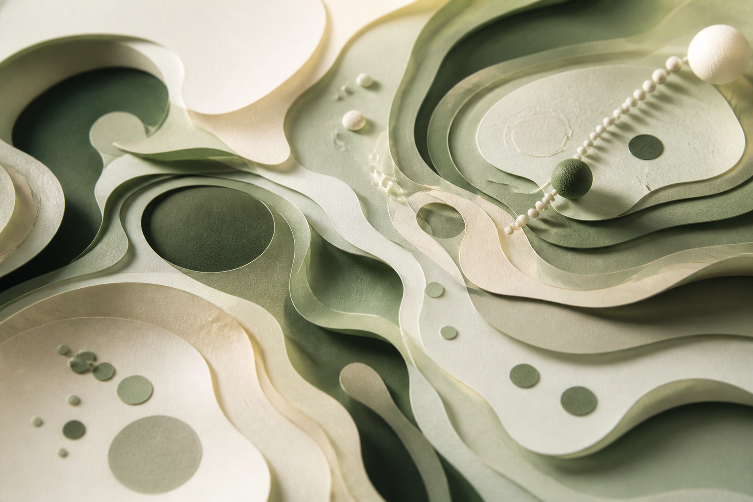 Abstract visualization of cellular structures and biological signaling molecules.