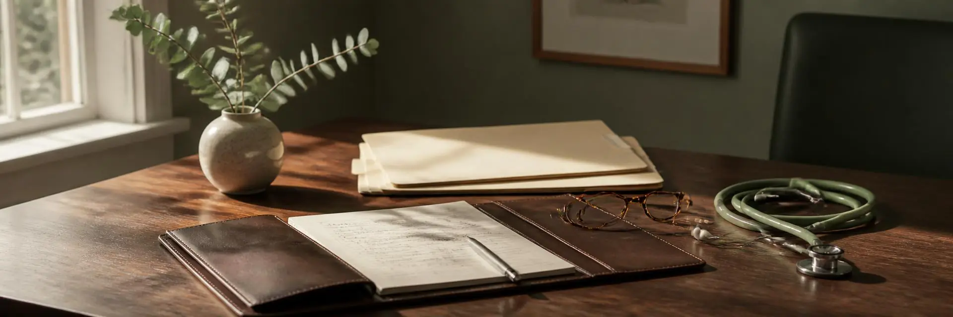 A quiet clinician's desk with an open leather portfolio, chart folders, reading glasses, stethoscope, and a sprig of eucalyptus in soft morning light.