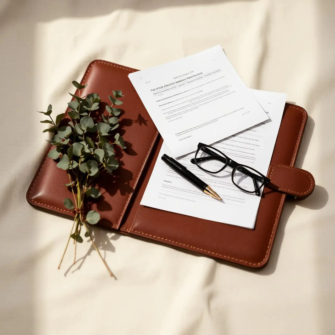 An editorial still life of a leather folder with medical records, a fountain pen, eyeglasses, and dried eucalyptus.