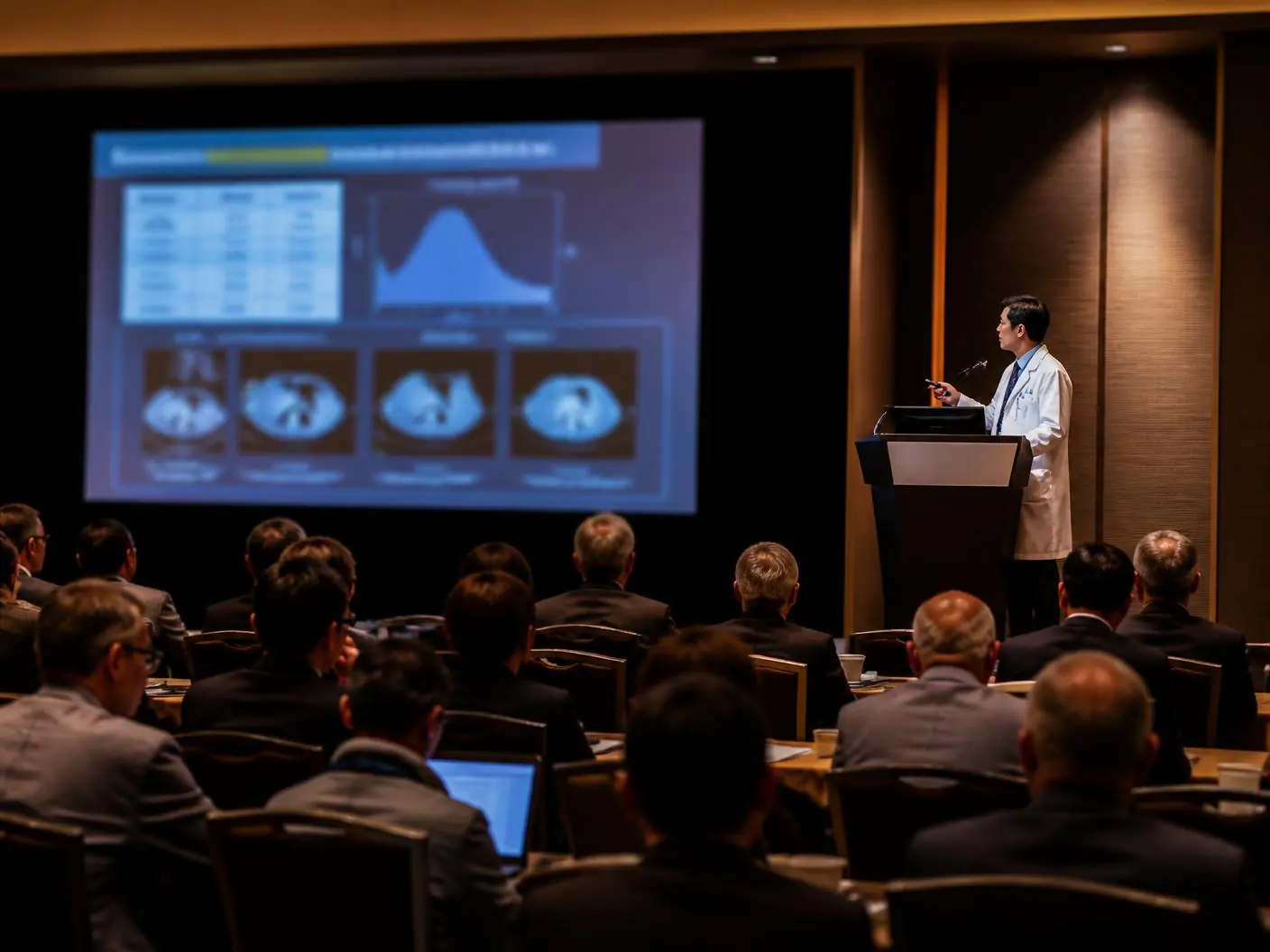 A physician presenting clinical case data to peers at a medical congress.