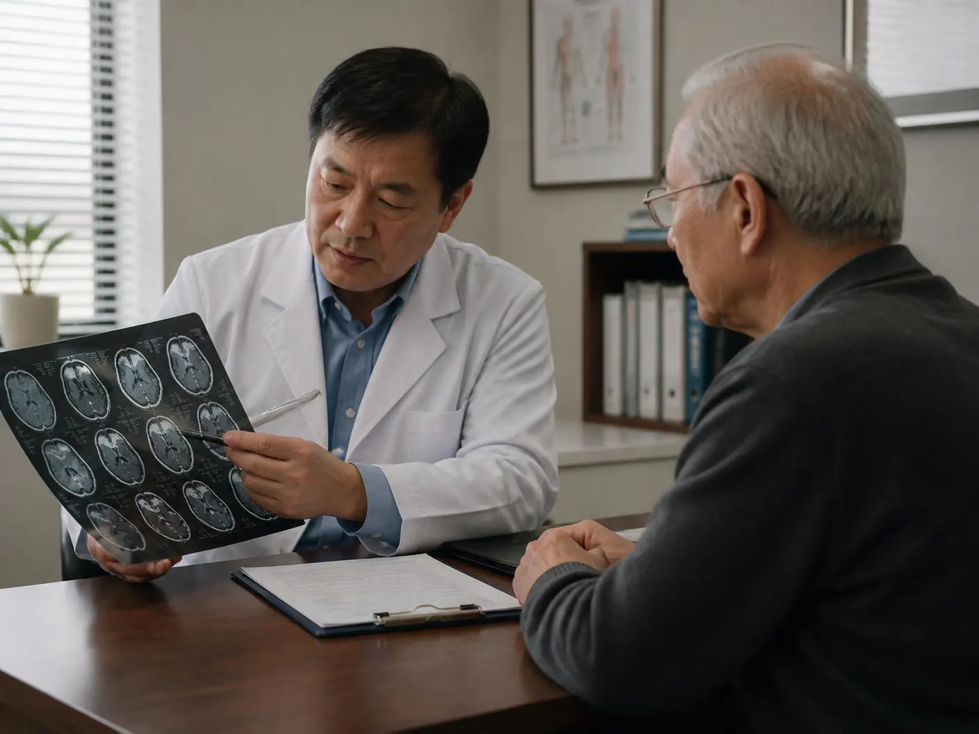 A physician reviewing MRI images with an older adult patient across a consultation desk.