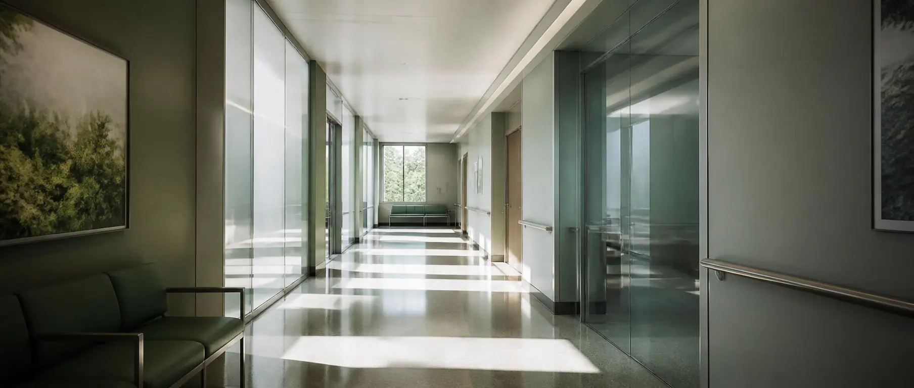 A quiet, daylit clinical corridor with glass partitions.