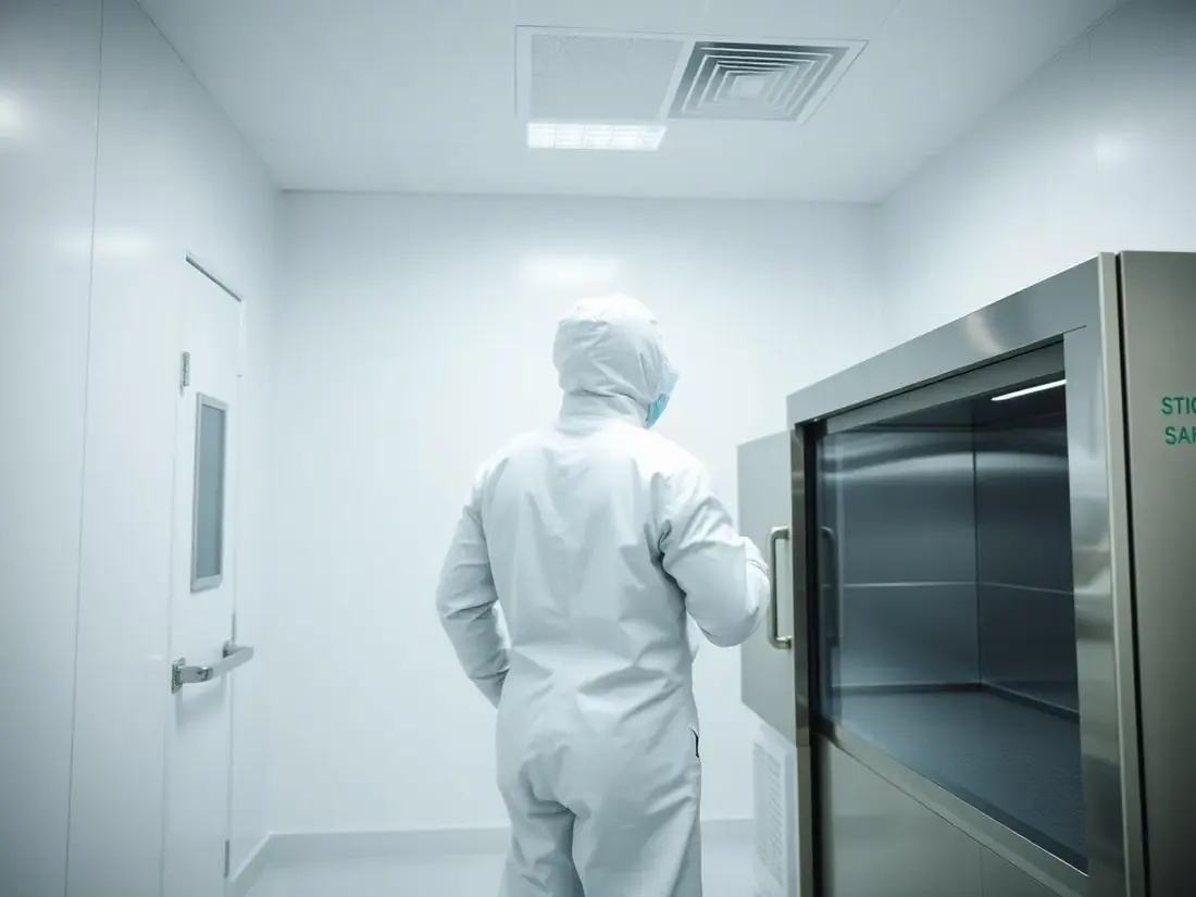 Technician in sterile coverall at a biosafety cabinet in a cleanroom