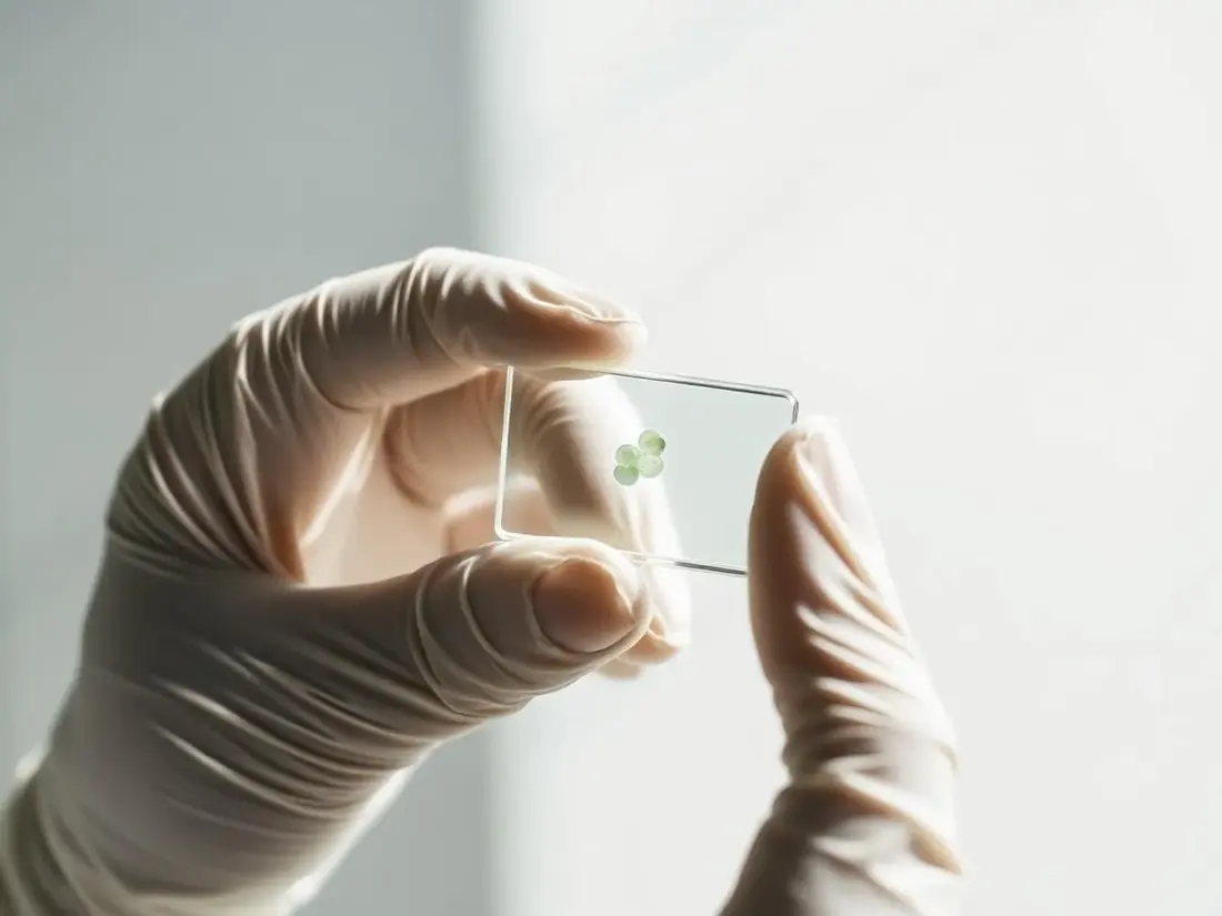 Gloved hands holding a glass slide with a stained cell sample