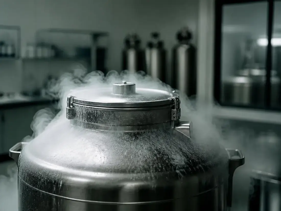 Cryogenic storage tank with cold vapor in a laboratory