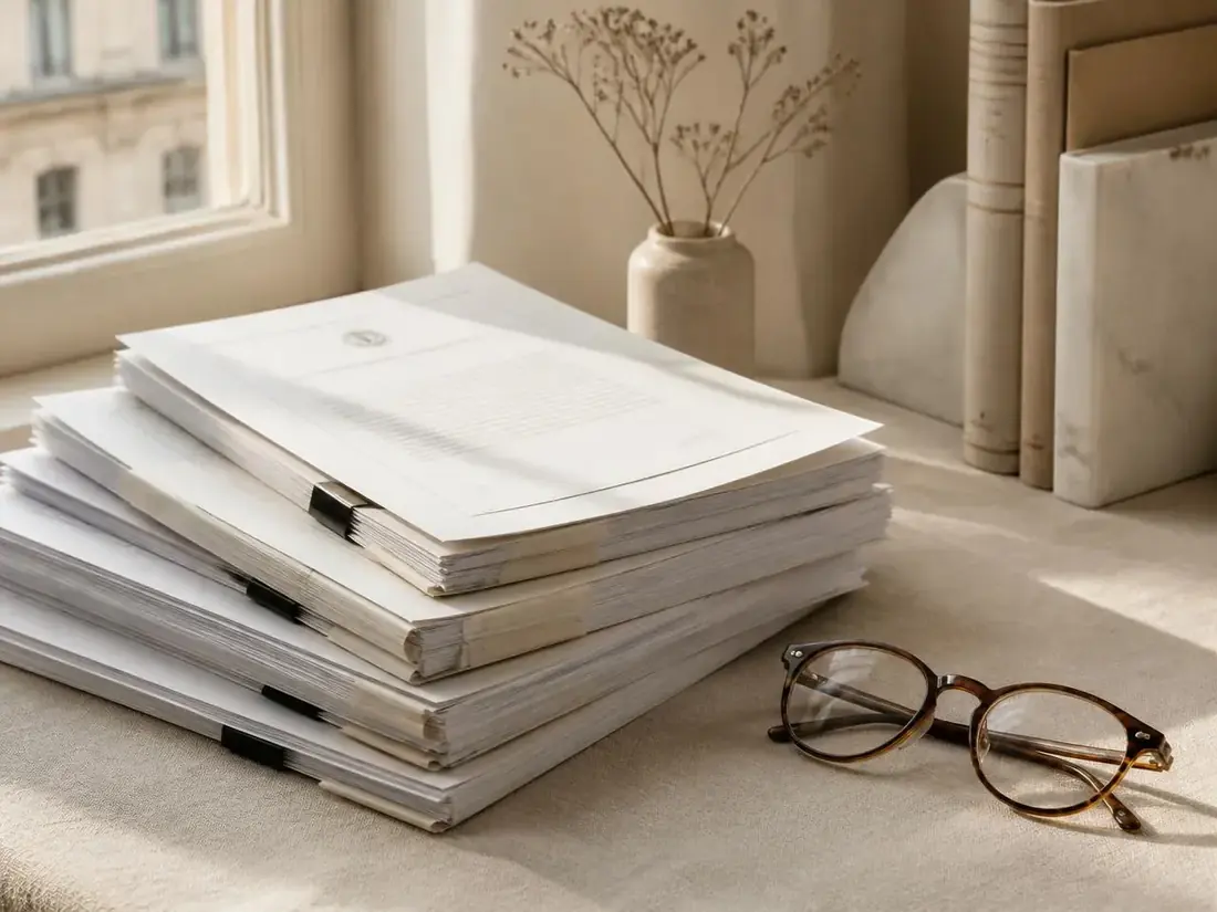 Stacked regulatory documents and reading glasses on a linen desk