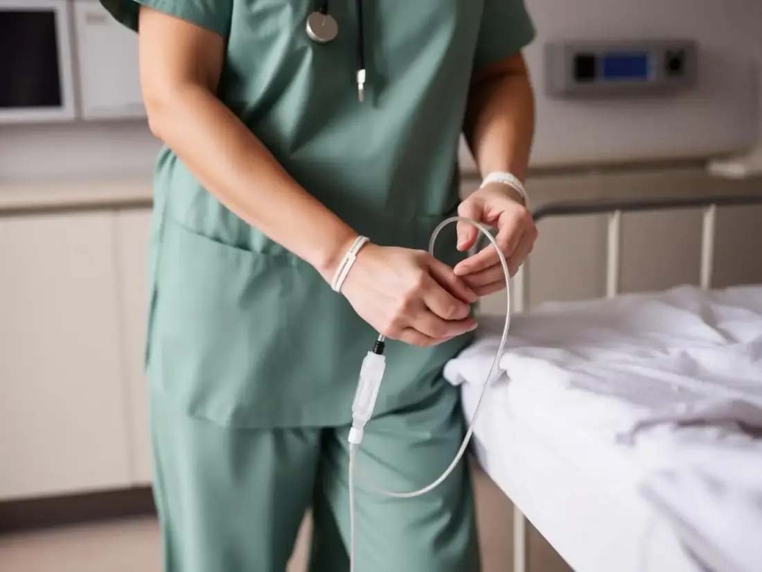 Clinician in scrubs preparing an infusion line at a bedside