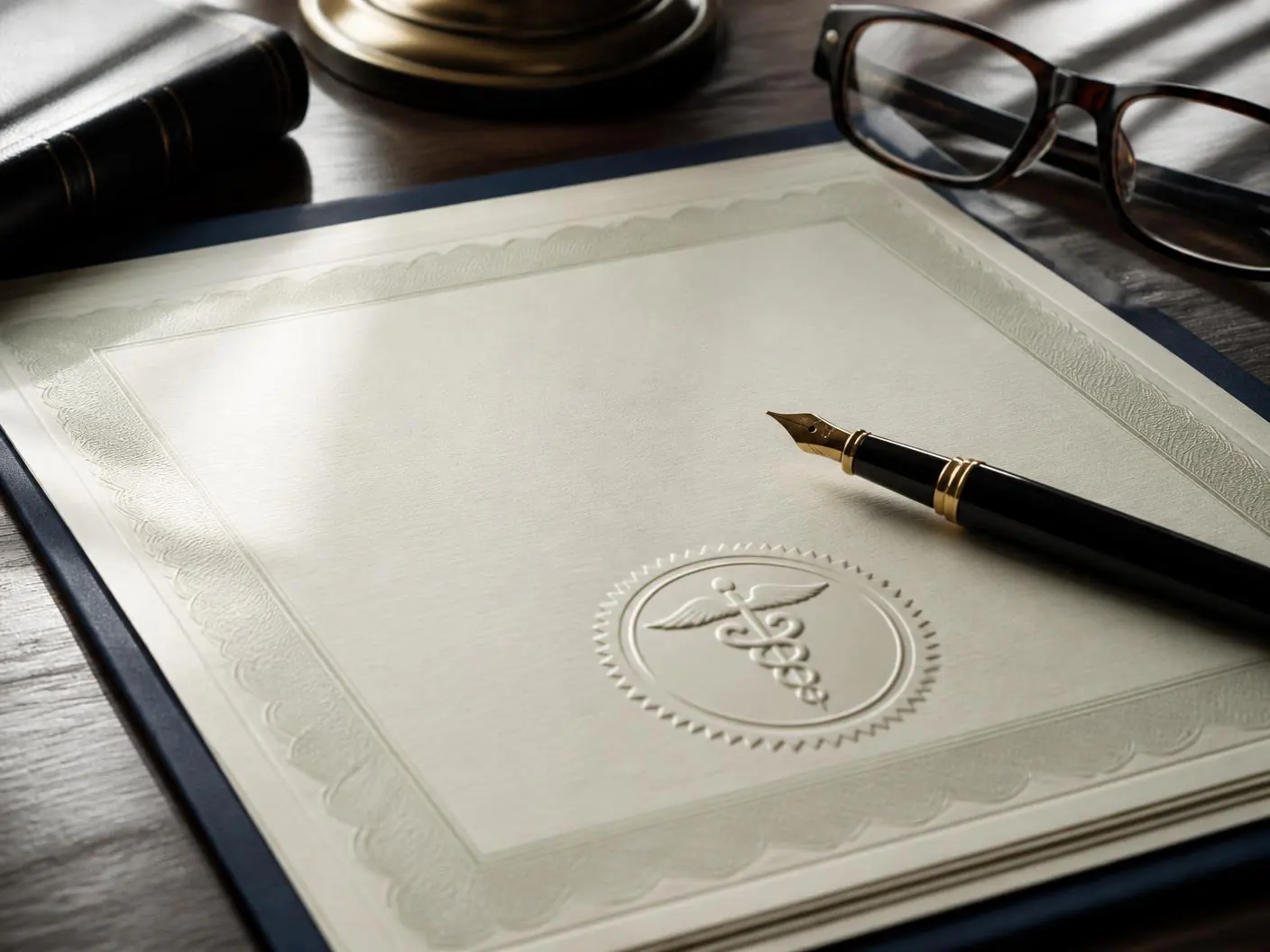 An official medical licensing document with an embossed seal on a desk.