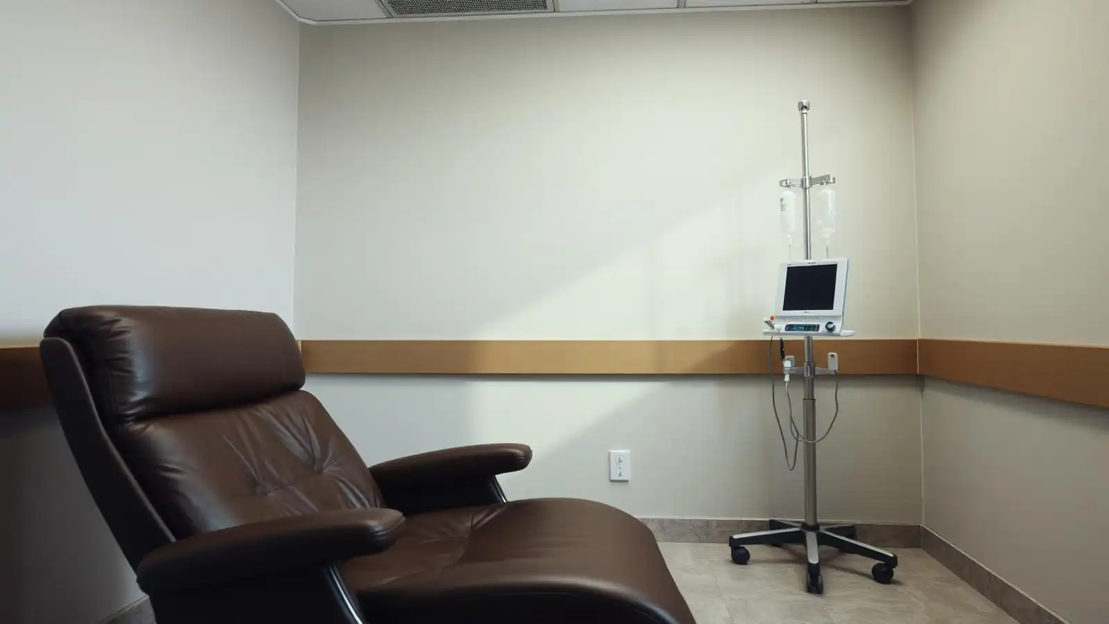 Quiet infusion room with a single chair and soft daylight