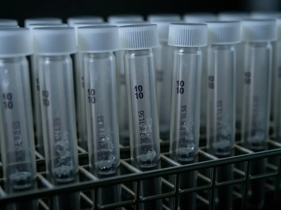 Unlabeled glass cryovials in a cool laboratory rack