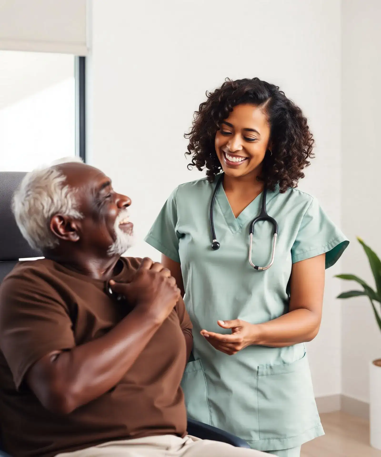 A care consultant explains the program to a patient in a sunlit consultation room.