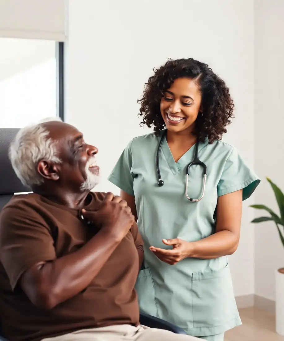 A care consultant explains the program to a patient in a sunlit consultation room.