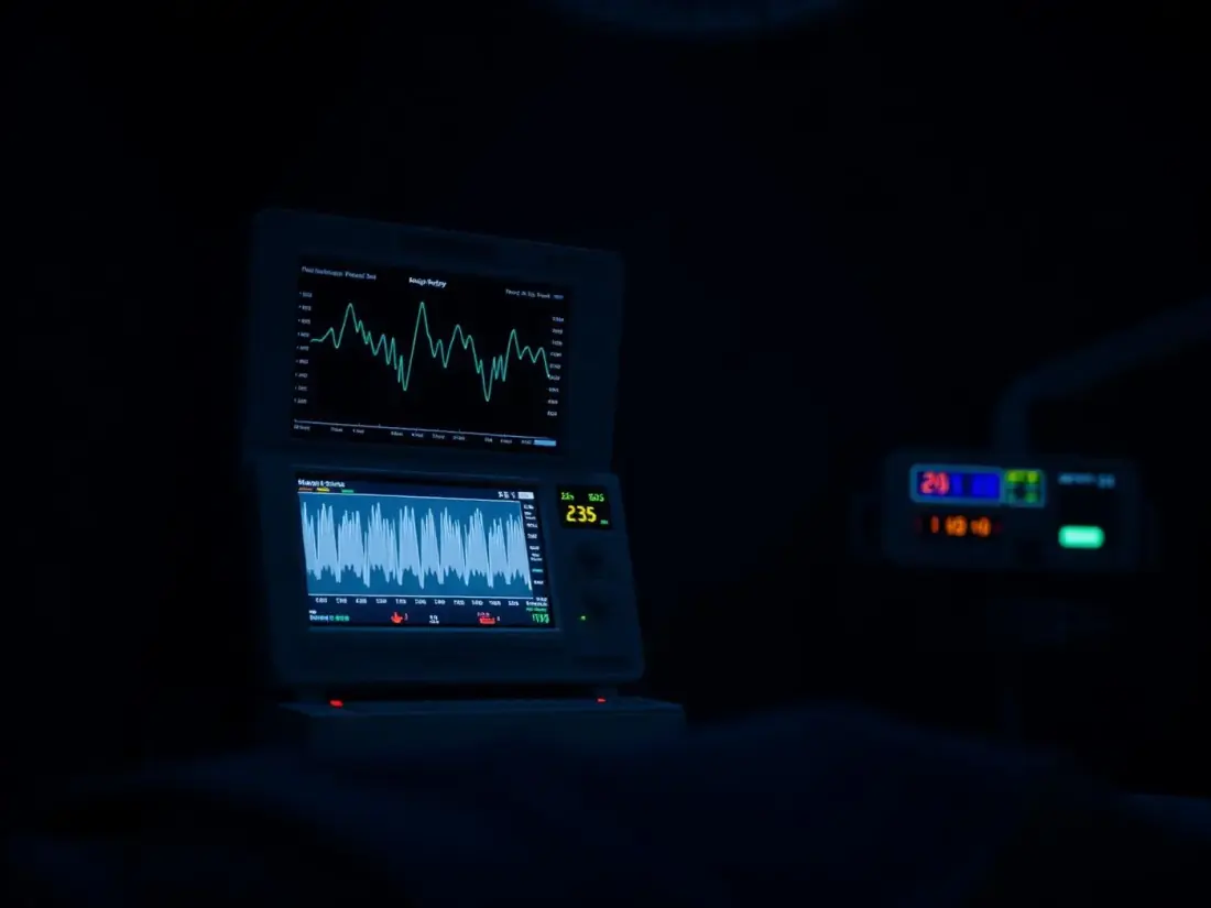 Anesthesia monitor glowing beside an operating table in a dim room