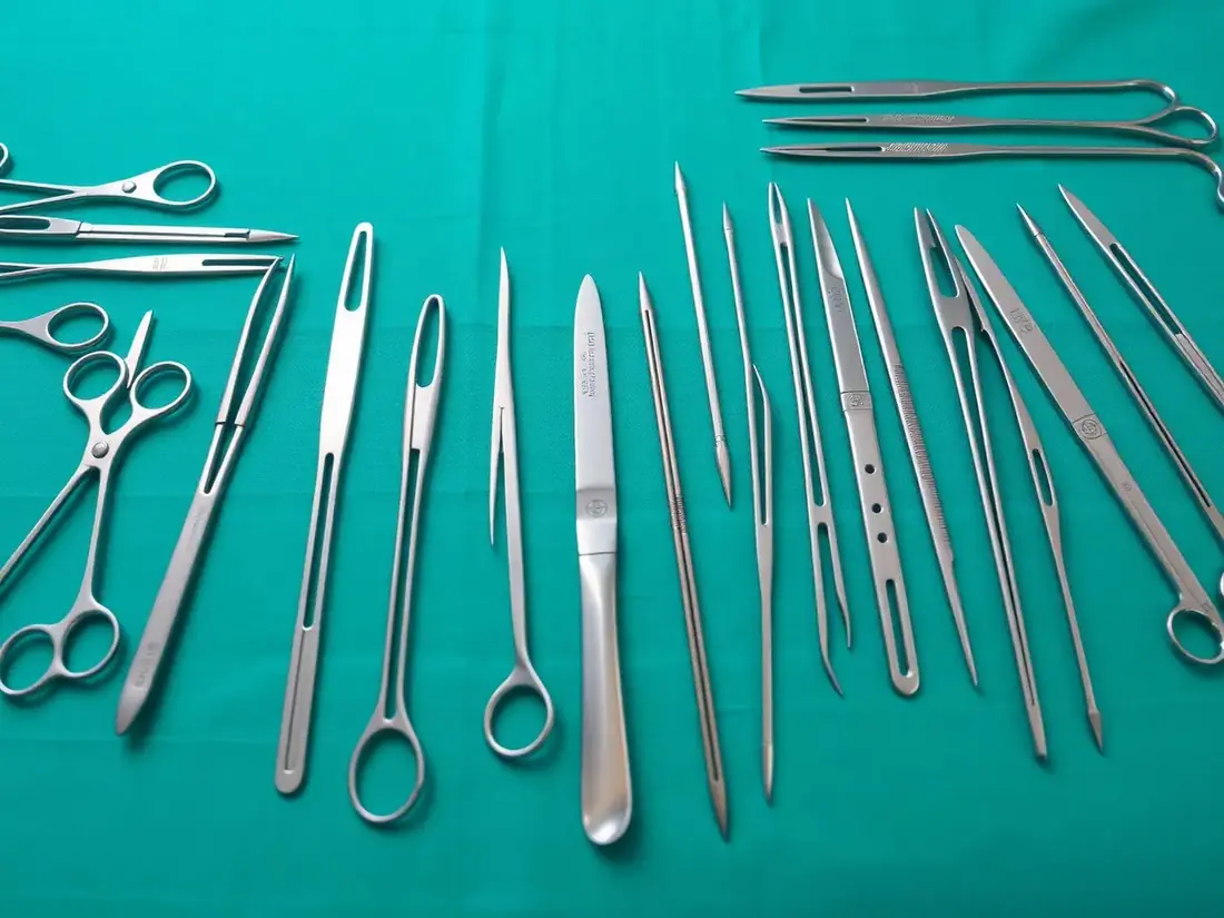 Sterile surgical instruments arranged in rows on a surgical drape