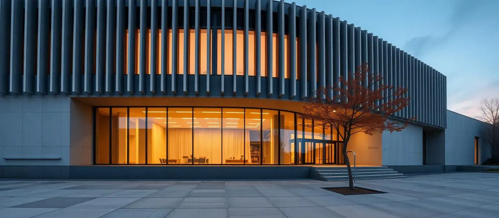 Quiet Japanese research building with concrete columns and green light