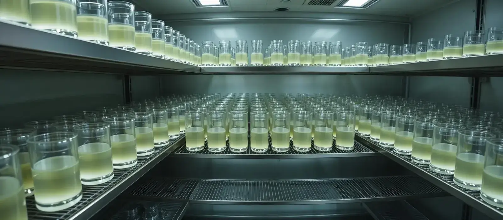 Culture flasks lined up on a stainless bench under cool light