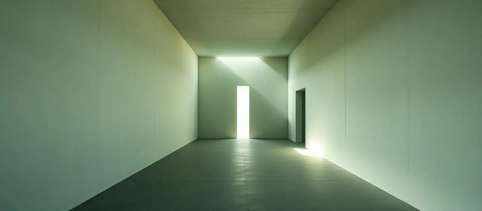 Austere plaster corridor lit by a narrow slot of daylight