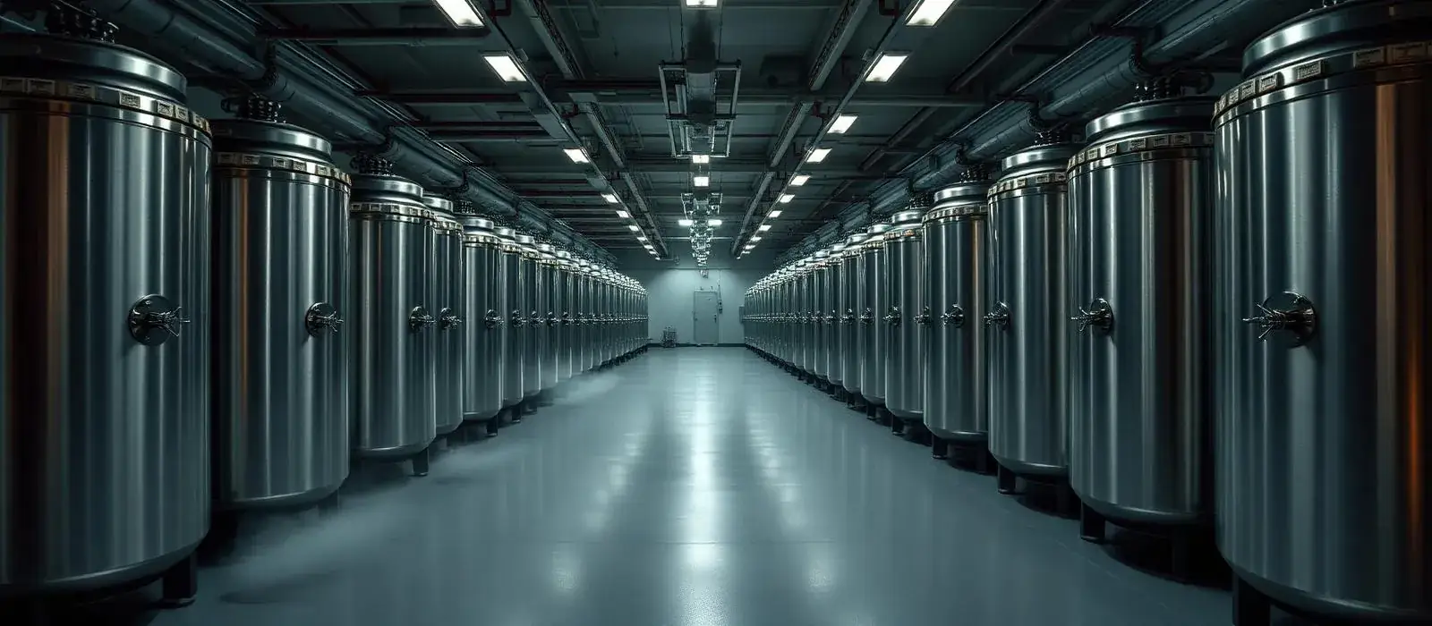 Cryogenic storage tanks in a cool, low-lit laboratory