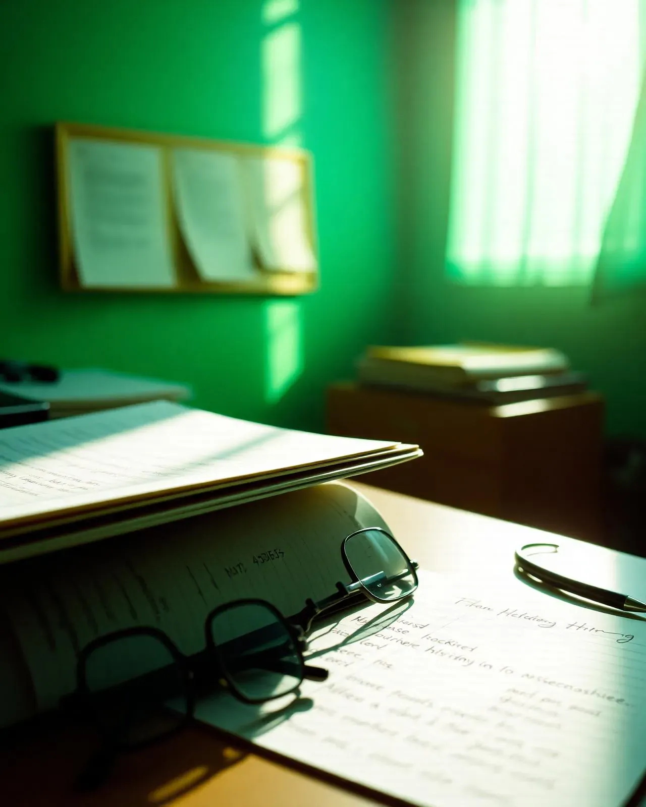 A physician's desk with an open patient history folder under warm green light.