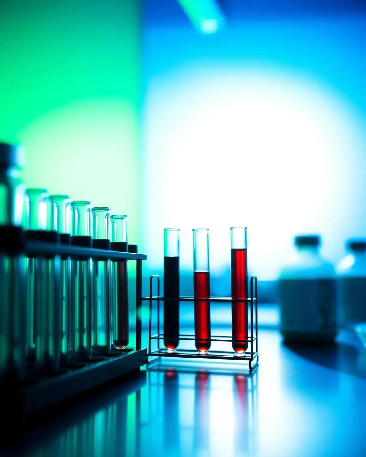 Laboratory blood collection vials in a rack under intense teal and green light.