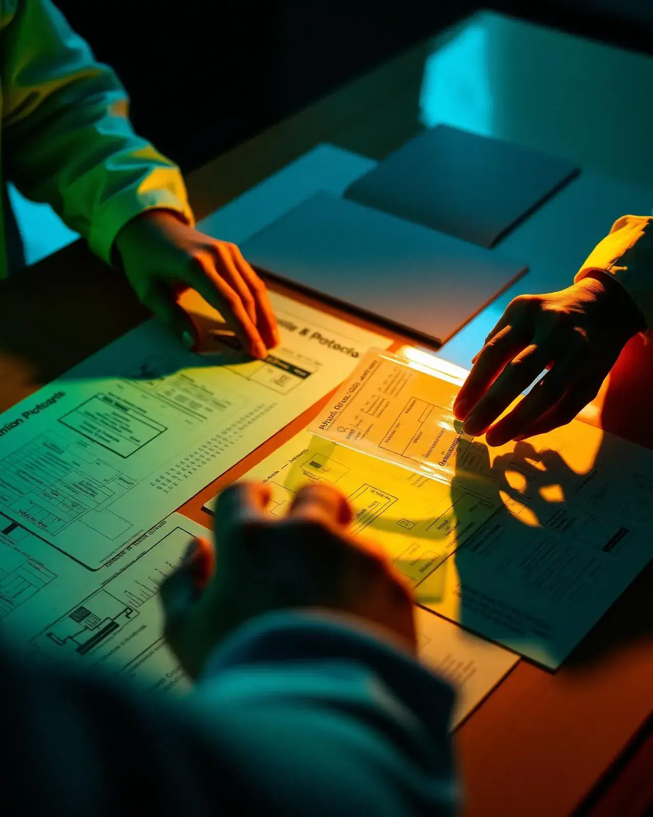 Clinicians arranging protocol documents and diagrams on a table under colored light.