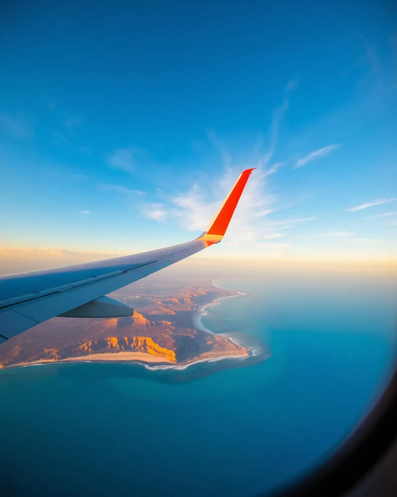 View from an airplane window of the Mexican coastline at golden hour.