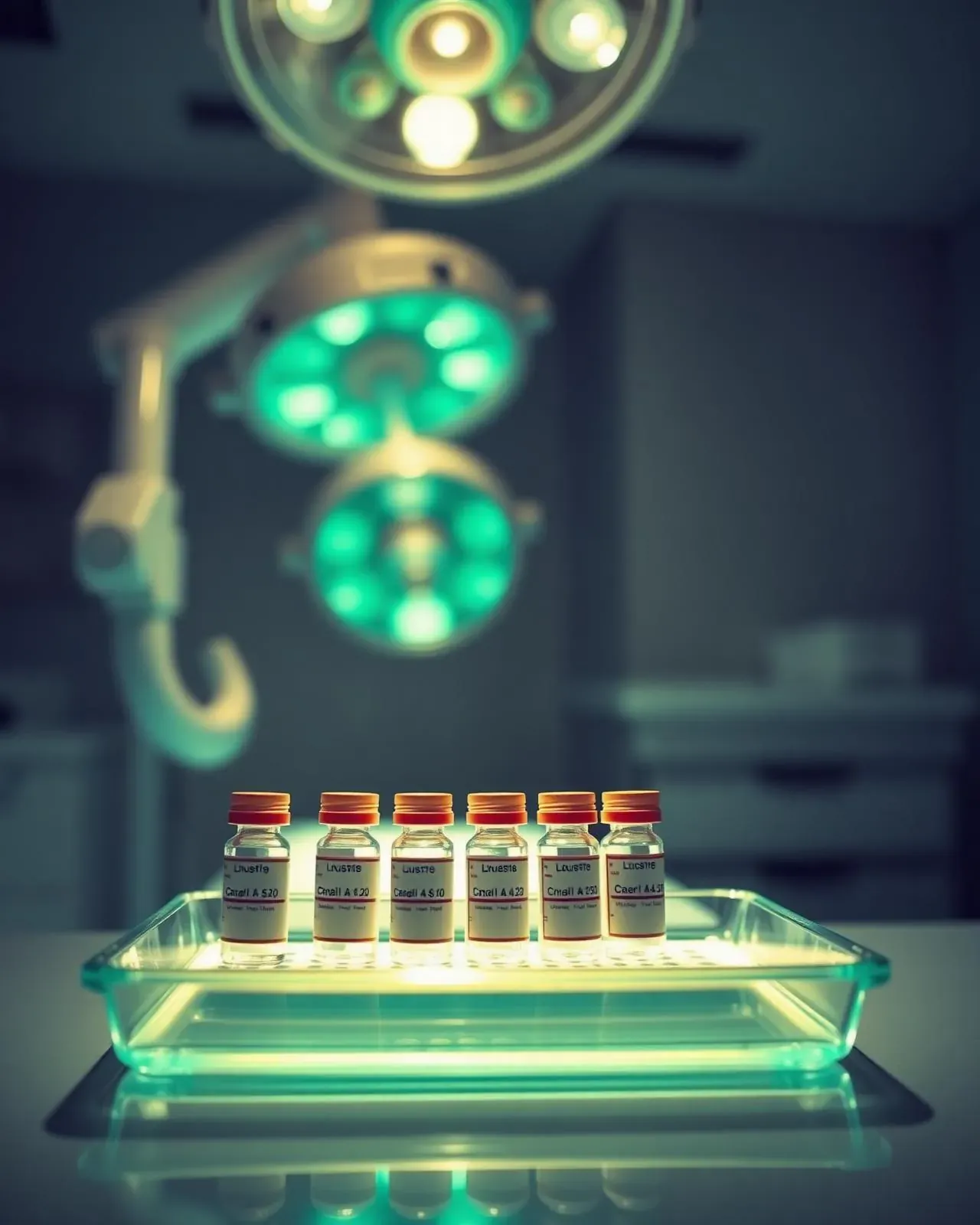 A sterile tray of labeled vials in a modern procedure suite under surgical light.