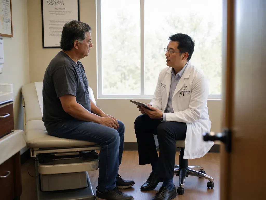 A doctor consulting with a patient seated upright on the edge of an exam bed in a naturally lit room.