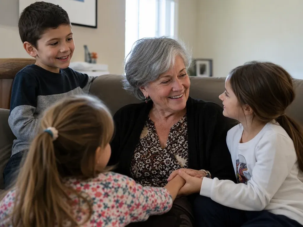 A grandmother smiling and holding hands with young grandchildren in a warm home setting.
