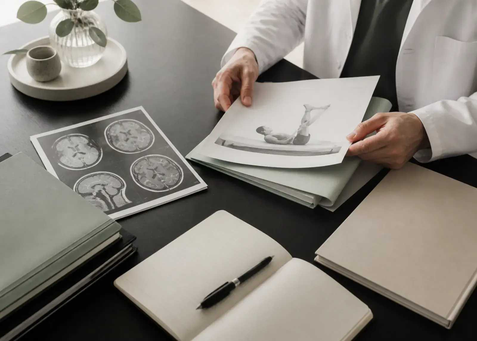 Clinician organizing stroke imaging and rehabilitation records for a case review.