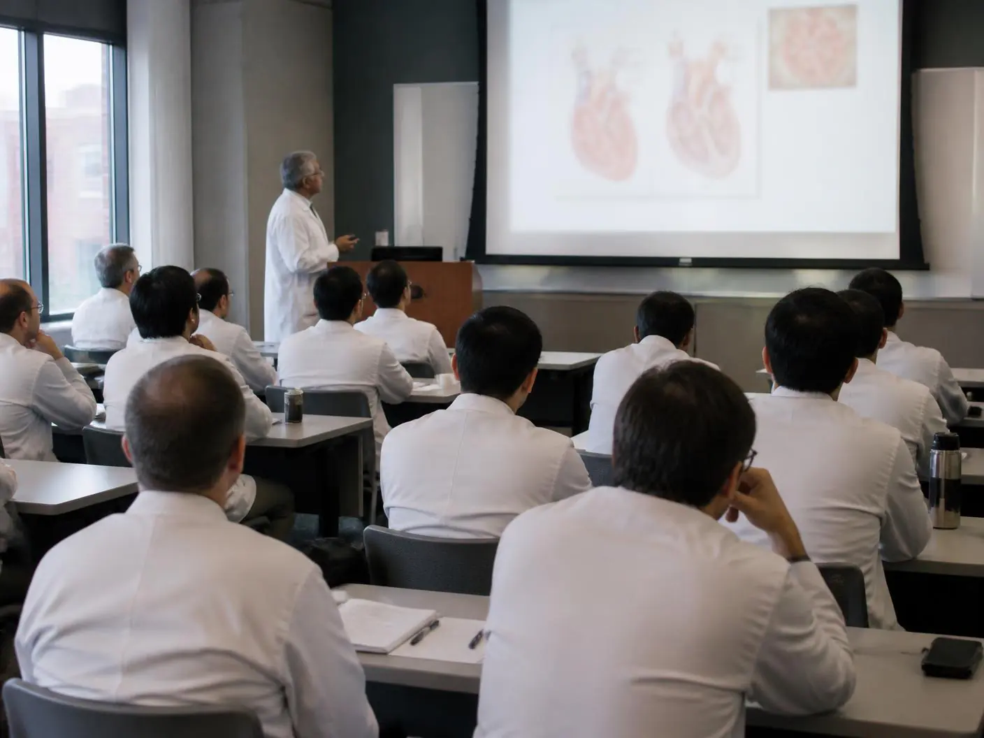 Physicians in white coats attending a postgraduate medical lecture.