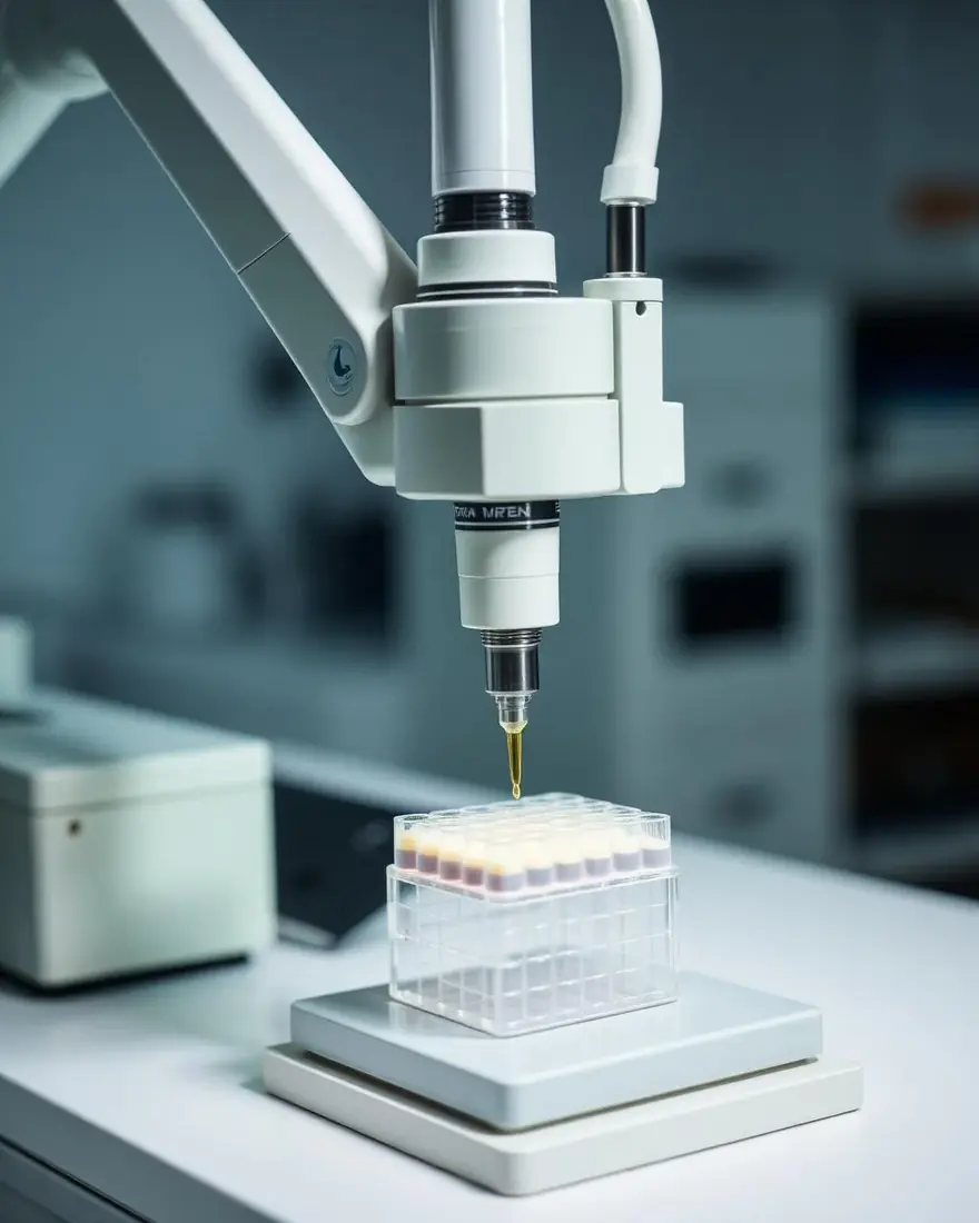 Automated pipetting head above a sample microplate in a genomics lab